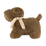 Buddy Weighted Faux Fur Door Stop in brown, styled as a bulldog with a cream scarf, shown in side profile on a plain white background.