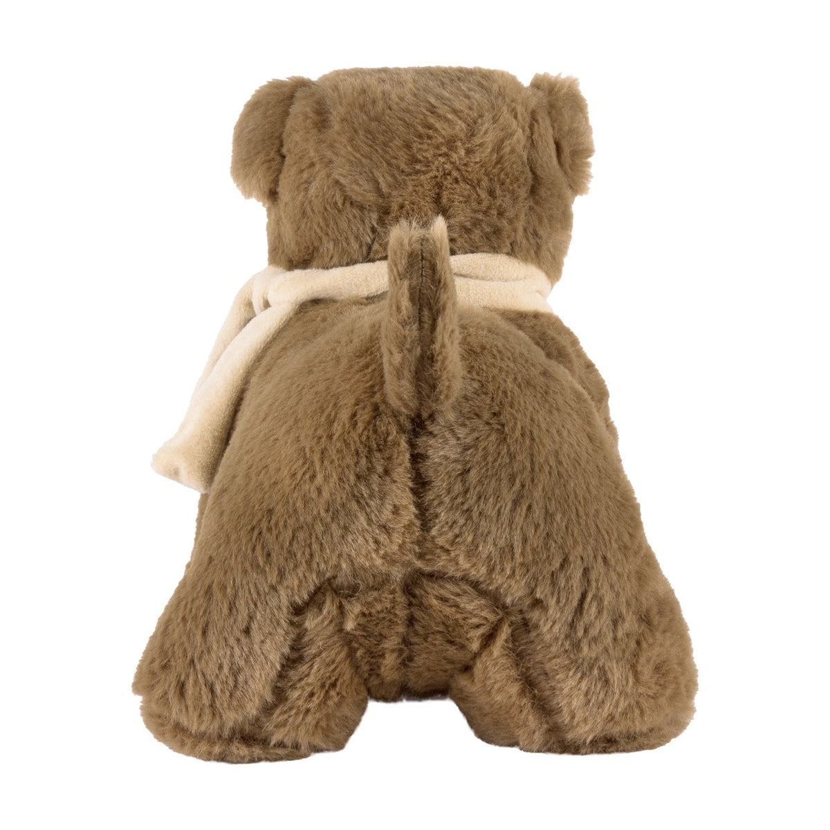 Buddy Weighted Faux Fur Door Stop in brown, shown from behind as a bulldog with a cream scarf knotted around its neck, on a plain white background.