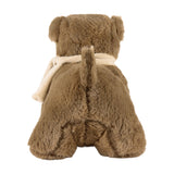 Buddy Weighted Faux Fur Door Stop in brown, shown from behind as a bulldog with a cream scarf knotted around its neck, on a plain white background.