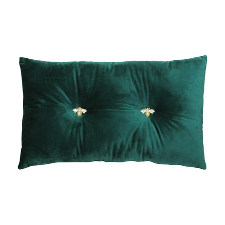 Bumble Hollowfibre Velvet Cushion in emerald green, a rectangular scatter cushion with a ruched velvet face and two jewelled bee buttons at the centre, shown on a plain white background.