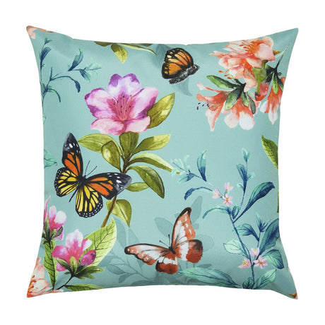 Square duck egg blue polyester cushion with a watercolour print of butterflies, pink and orange rhododendron and azalea blooms, and green foliage, shown on a white background.