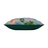 Side view of the Butterfly Reversible Polyester Cushion in duck egg blue, showing a floral and butterfly print on one side and a plain teal reverse, on a white background.