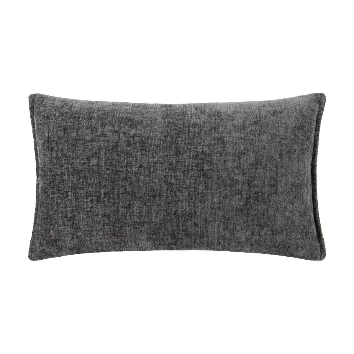 Buxton reversible rectangular cushion in charcoal grey, chenille-like woven polyester fabric with a piped edge, shown on a plain white background.