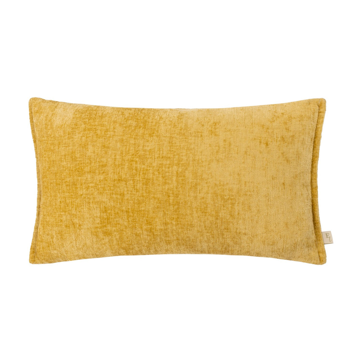 Rectangular Buxton reversible cushion in ochre yellow, chenille-like woven polyester fabric with subtle mottled texture, shown on a plain white background.