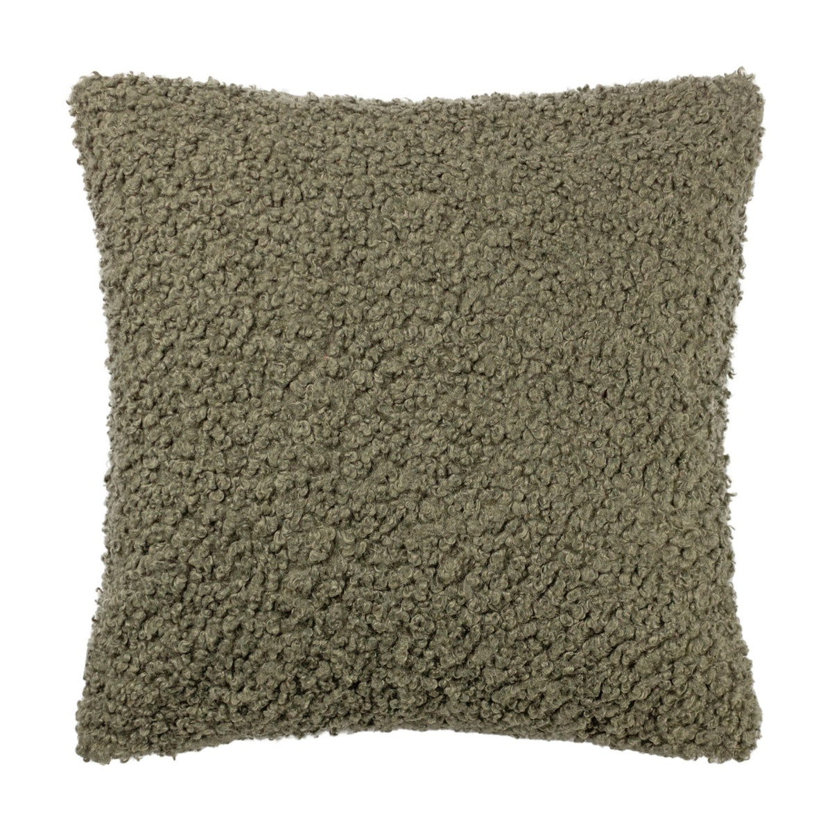 Cabu Reversible Wool Cushion in khaki, a square cushion with an all-over textured bouclé surface, shown on a plain white background.