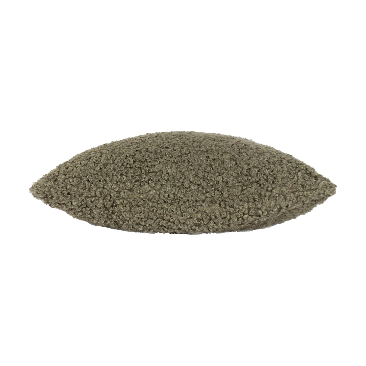 Side view of the Cabu Reversible Wool Cushion in khaki, showing its textured bouclé fabric and plump square shape against a white background.