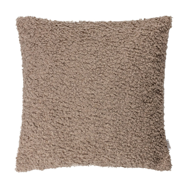 Cabu Reversible Wool Cushion in taupe, square with a chunky bouclé shearling-look pile, shown on a plain white background.