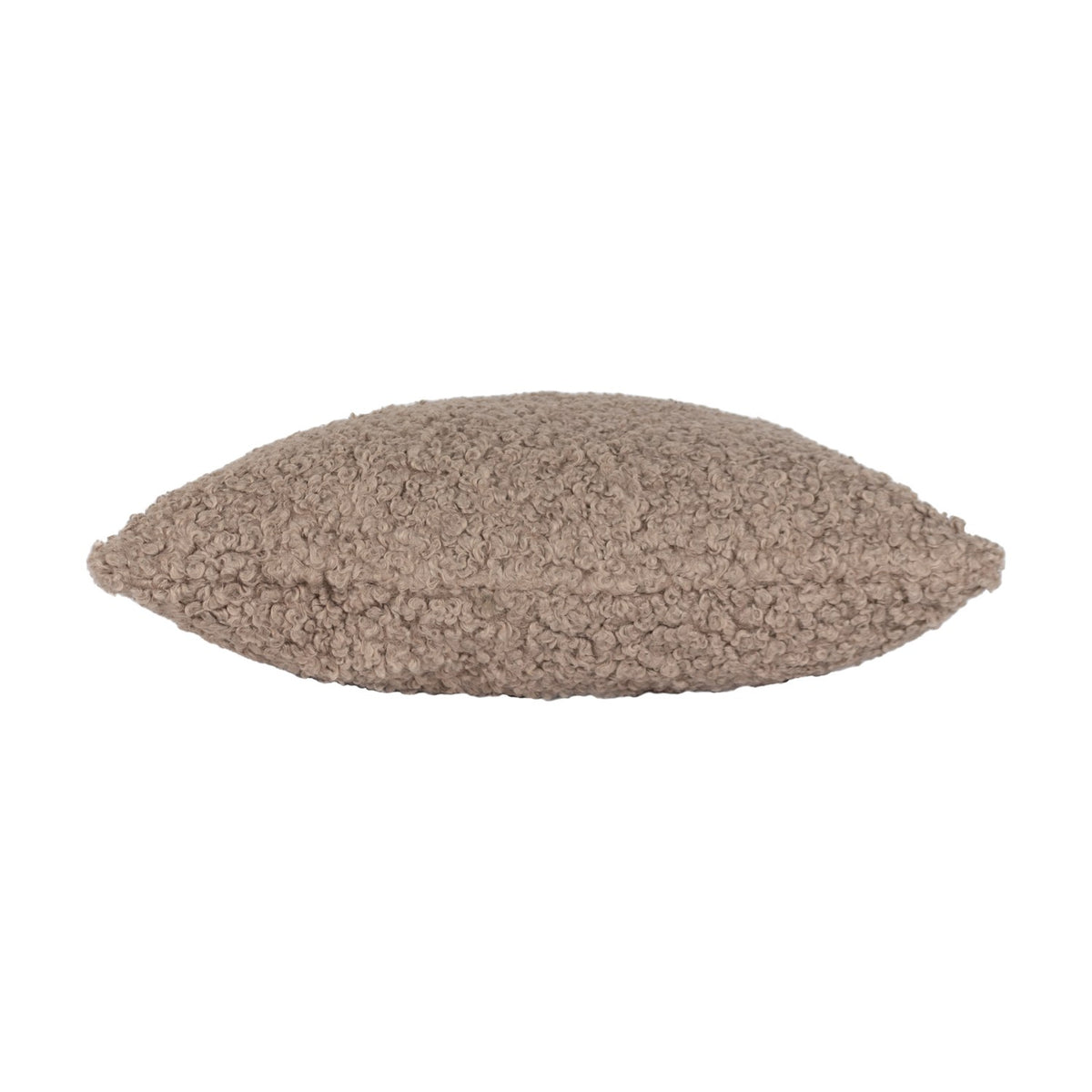 Side view of the Cabu Reversible Wool Cushion in taupe, showing a textured bouclé fabric with a curly shearling-look pile, set against a plain white background.