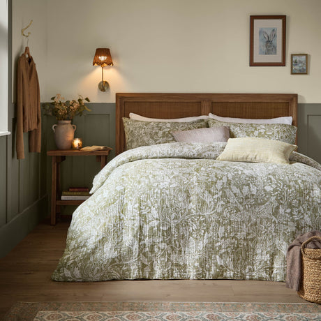 Cademuir Cotton Woodland Duvet Cover Set in sage green with white toile-style bird, hare and leaf print, shown on a bed with matching pillowcases in a rustic bedroom setting.