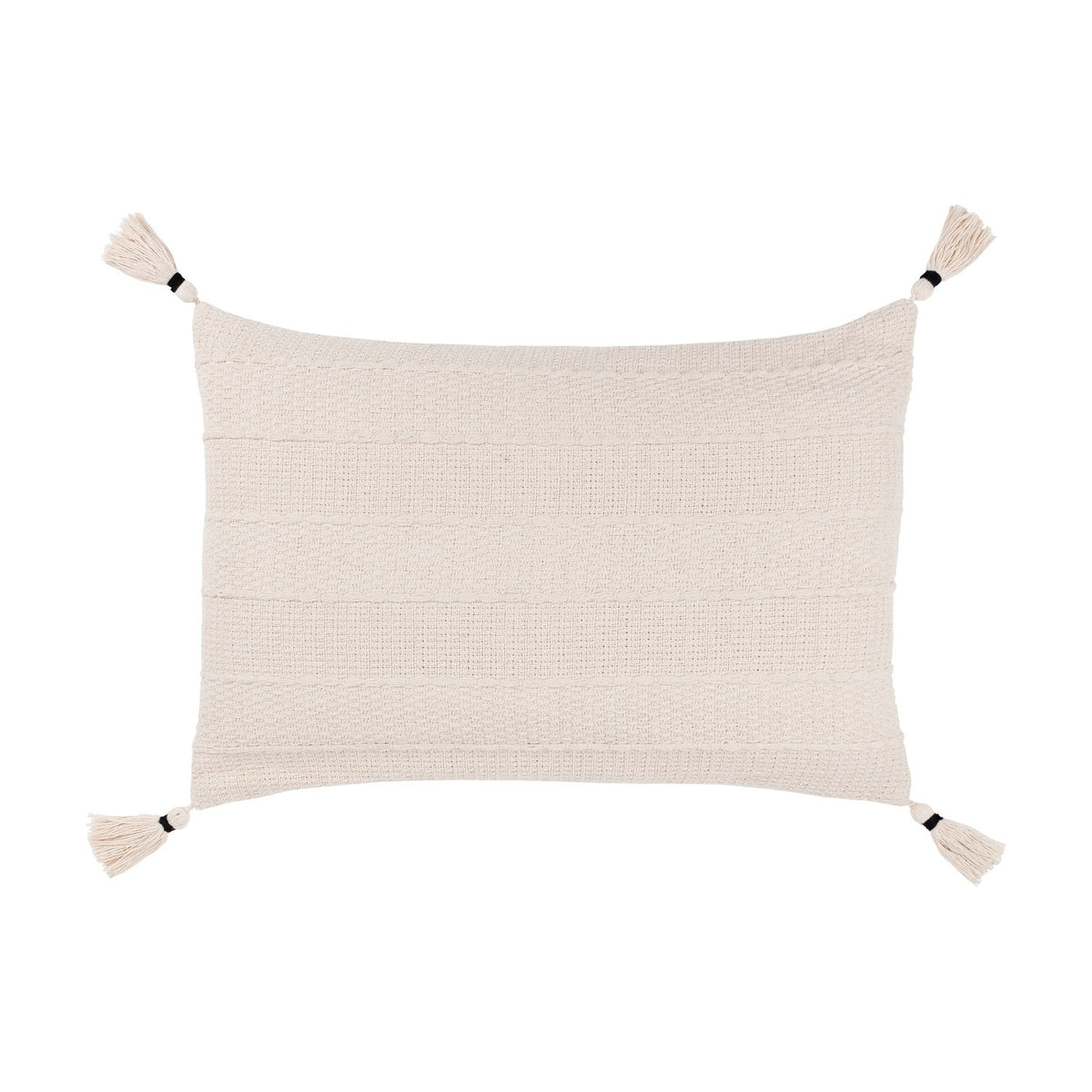 Caliche Plain Cotton Cushion in natural cream, rectangular with woven textured stripes and corner tassels, shown on a plain white background.