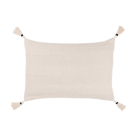 Caliche Plain Cotton Cushion in natural cream, rectangular with woven textured stripes and corner tassels, shown on a plain white background.