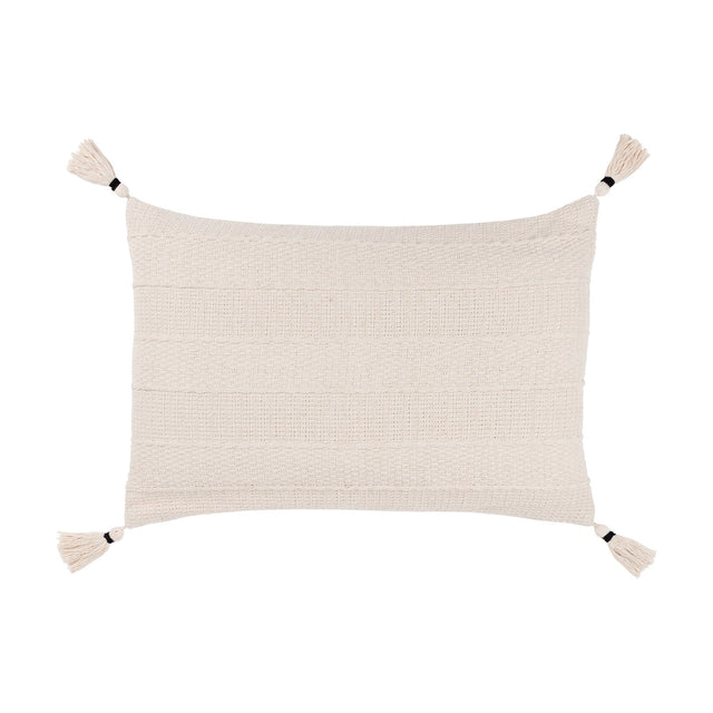 Caliche Plain Cotton Cushion in natural cream, rectangular with woven textured stripes and corner tassels, shown on a plain white background.