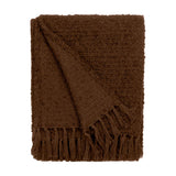 Candar Plain Polycotton Throw in cocoa brown, boucle-woven with a textured, nubby surface and knotted fringe edges, folded on a plain white background.
