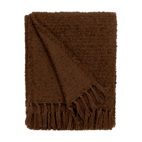 Candar Plain Polycotton Throw in cocoa brown, boucle-woven with a textured, nubby surface and knotted fringe edges, folded on a plain white background.