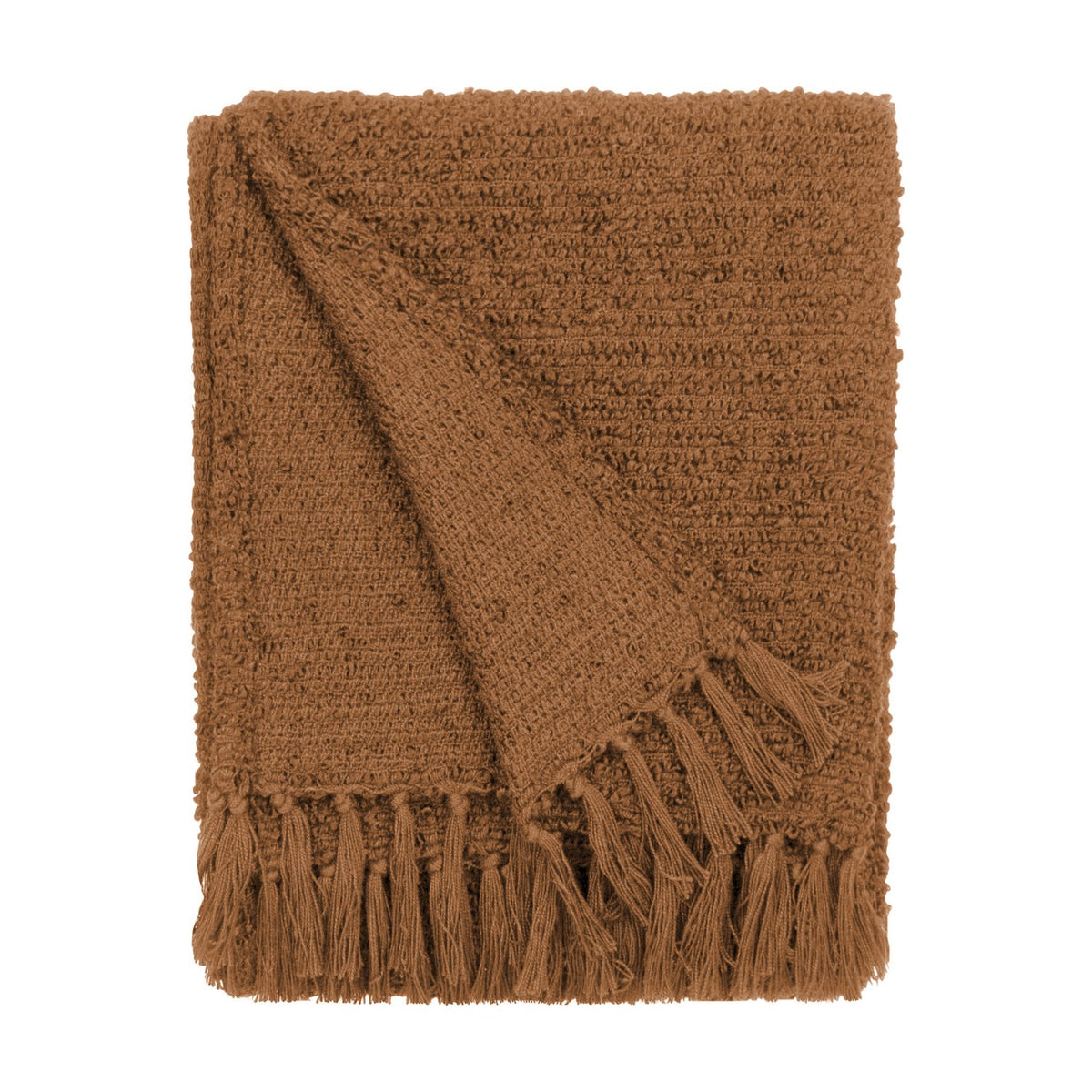 Candar Plain Polycotton Throw in ginger, folded to show its boucle-textured surface and hand-tied fringe edge, on a plain white background.