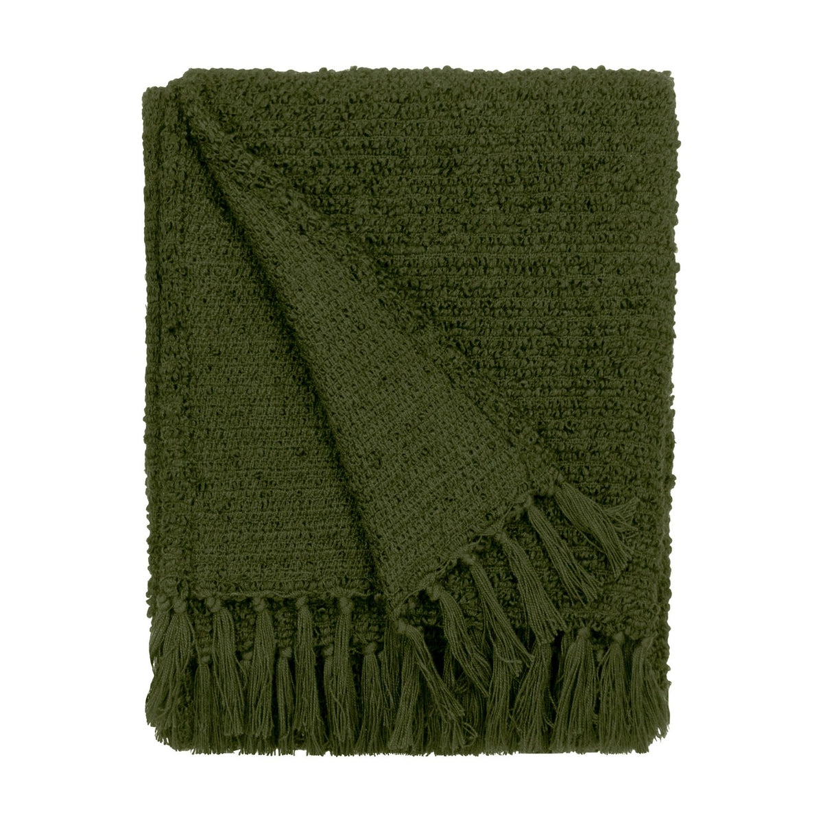 Candar Plain Polycotton Throw in khaki green, folded to show boucle-textured weave and knotted fringe edge, on a plain white background.