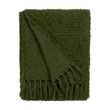Candar Plain Polycotton Throw in khaki green, folded to show boucle-textured weave and knotted fringe edge, on a plain white background.