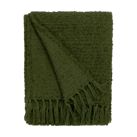 Candar Plain Polycotton Throw in khaki green, folded to show boucle-textured weave and knotted fringe edge, on a plain white background.