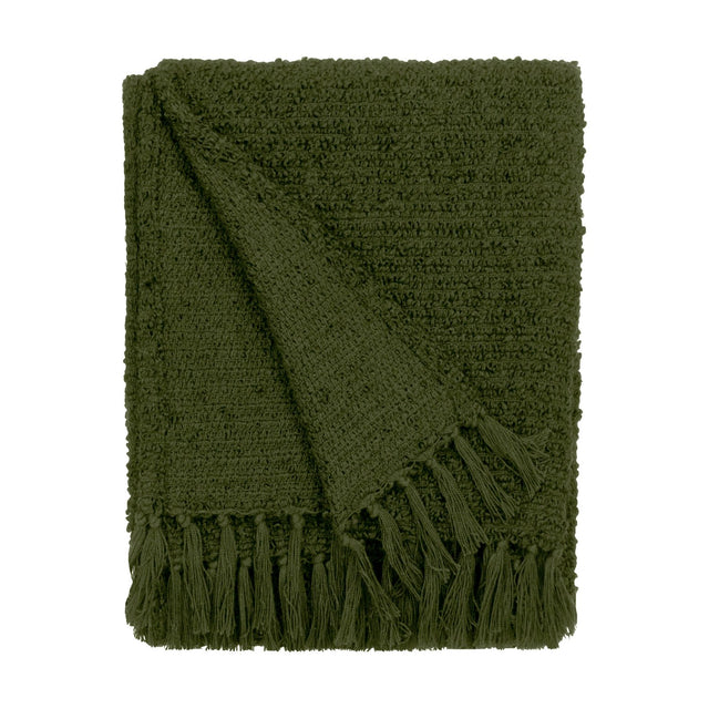 Candar Plain Polycotton Throw in khaki green, folded to show boucle-textured weave and knotted fringe edge, on a plain white background.