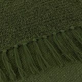 Close-up of the Candar Plain Polycotton Throw in khaki green, showing the boucle-textured weave and knotted tassel fringe edge.