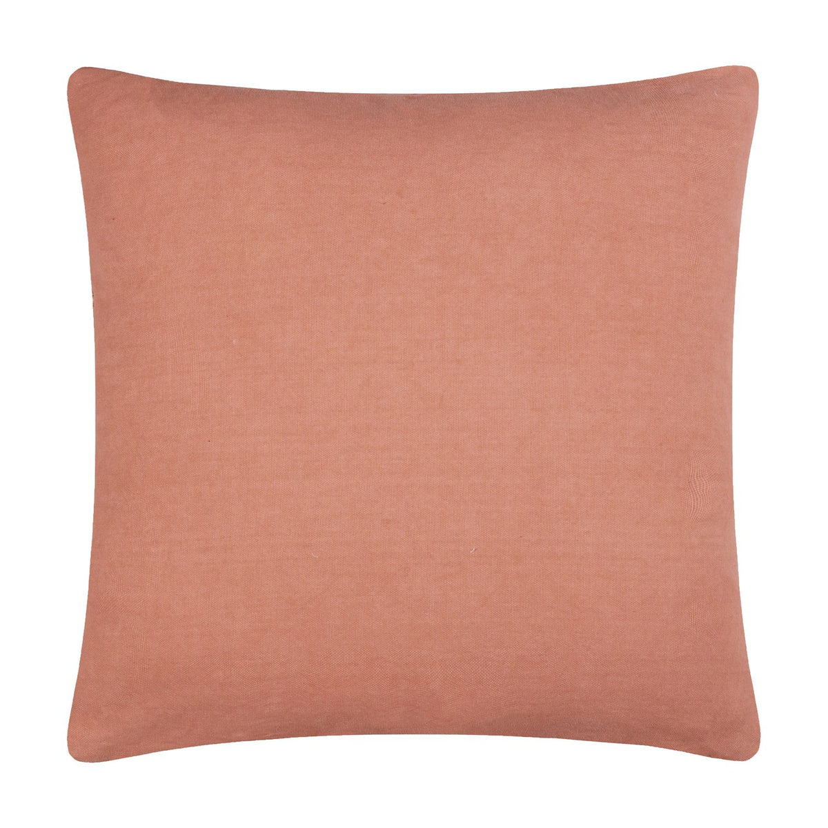 Square cushion in plain terracotta pink, shown reverse side with a smooth cotton finish against a white background.
