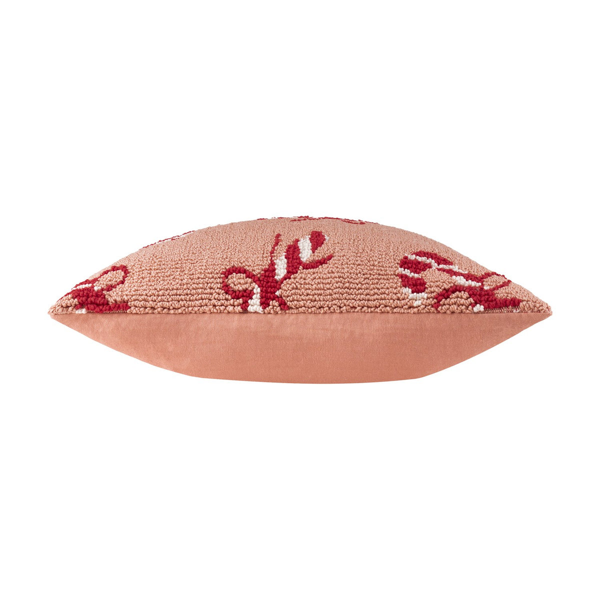 Side view of the Candy Canes Tufted Cotton Cushion, showing pink velvet edging beneath a tufted top with red and cream candy cane motifs on a white background.