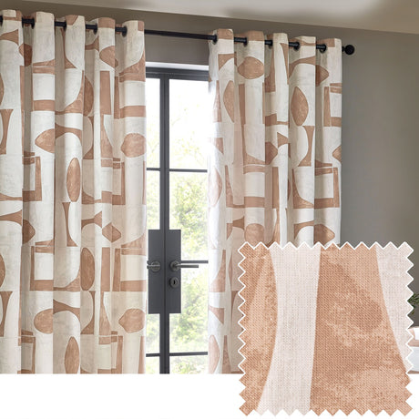 Carro Abstract Lined Eyelet Curtains in Clay, cream cotton fabric with clay-toned geometric shapes, hung on a black eyelet pole beside a dark-framed window.