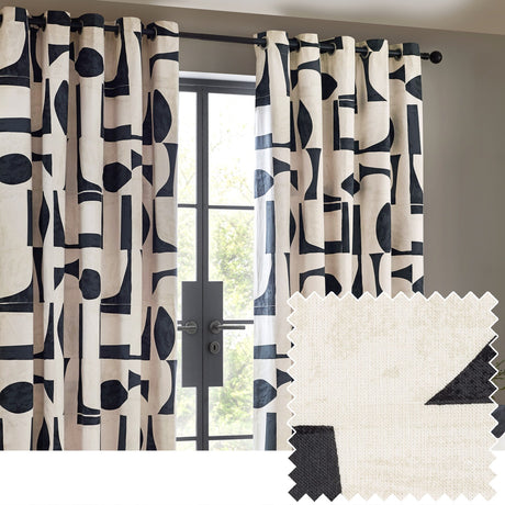 Carro Abstract Lined Eyelet Curtains in Dusk, cream cotton panels printed with bold black geometric shapes, hung on a black rod by a French door, with a folded fabric swatch shown alongside.