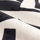 Close-up of Carro Abstract Lined Eyelet Curtains fabric, showing bold black geometric shapes and bars printed on a cream cotton half-panama weave.