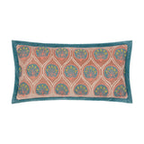 Rectangular Casa velvet cotton cushion in dusky rose with embroidered teal fan-frond pattern, coral outlines and chartreuse tufts, bordered by a French blue velvet edge, on a white background.