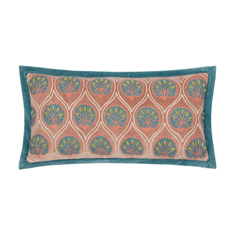 Rectangular Casa velvet cotton cushion in dusky rose with embroidered teal fan-frond pattern, coral outlines and chartreuse tufts, bordered by a French blue velvet edge, on a white background.