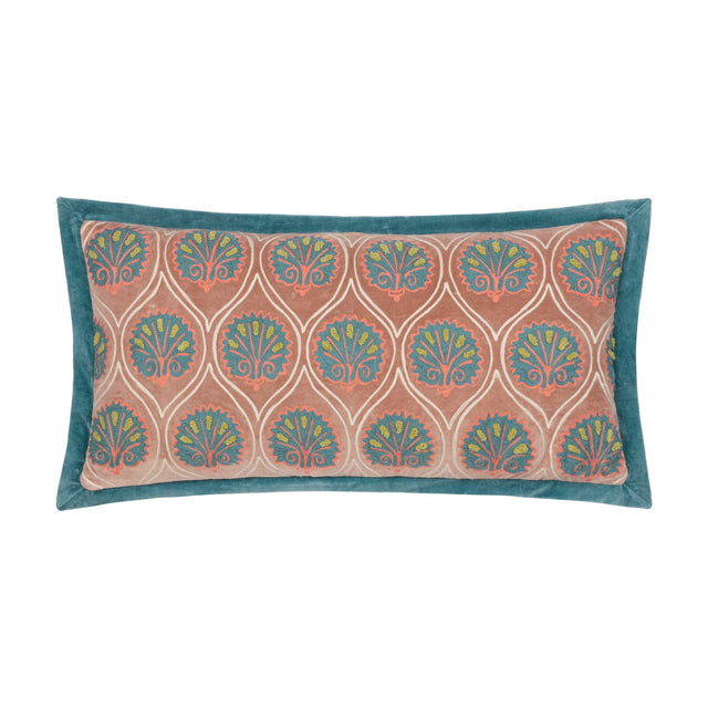 Rectangular Casa velvet cotton cushion in dusky rose with embroidered teal fan-frond pattern, coral outlines and chartreuse tufts, bordered by a French blue velvet edge, on a white background.