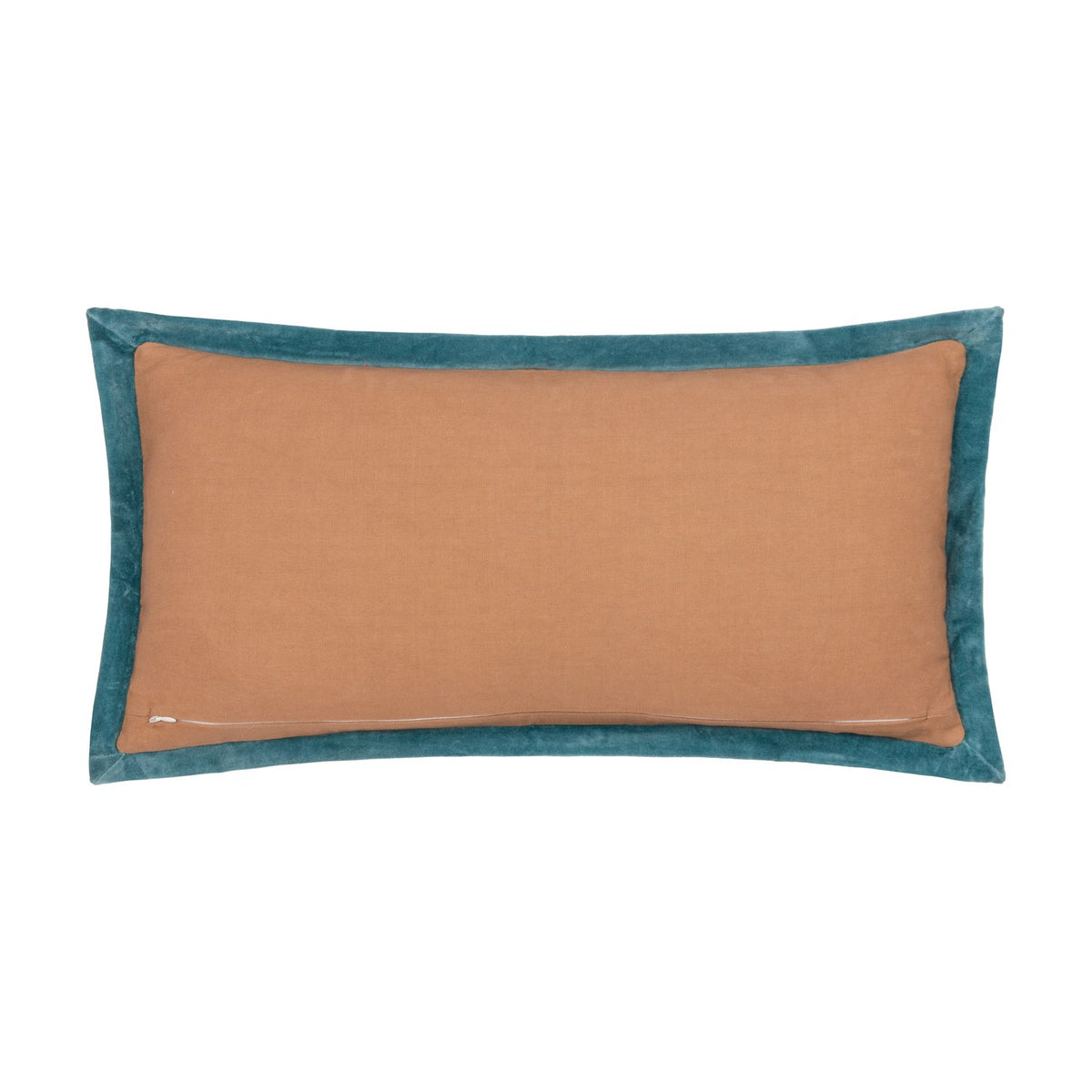 Casa Velvet Cotton Cushion in Rose/French Blue, rear view showing a tan cotton back panel with concealed zip, bordered by a teal velvet frame, on a plain white background.
