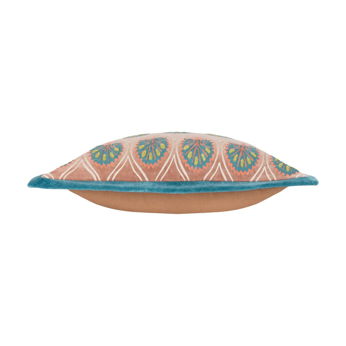 Side view of the Casa Velvet Cotton Cushion in Rose/French Blue, showing embroidered teal and coral frond motifs on dusky rose velvet with a blue trim edge, on a plain white background.