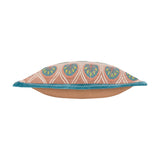 Side view of the Casa Velvet Cotton Cushion in Rose/French Blue, showing embroidered teal and coral frond motifs on dusky rose velvet with a blue trim edge, on a plain white background.