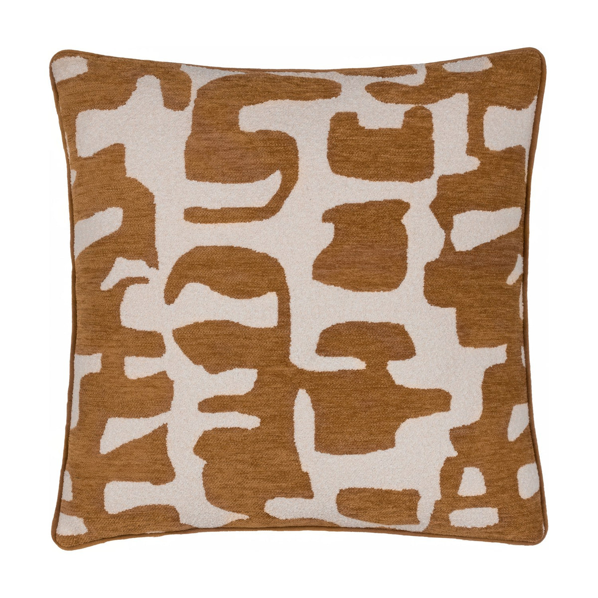 Caval Velvet Chenille Cushion in Bronze, square with piped edges, featuring an abstract bronze jacquard pattern of boucle and chenille textures on a cream ground, shown on a white background.