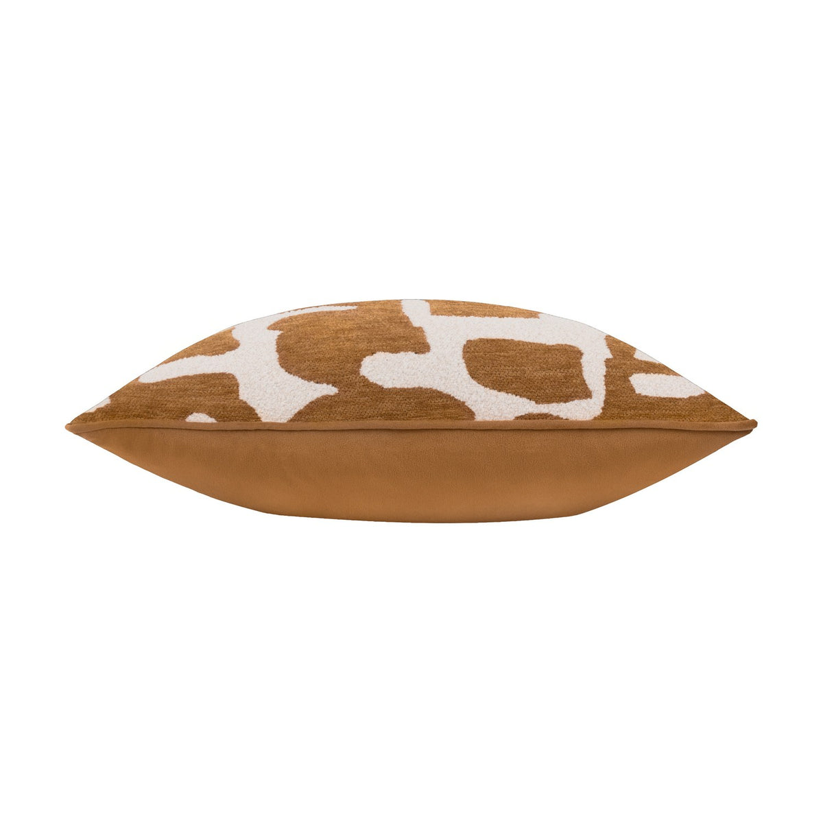 Side view of the Caval Velvet Chenille Cushion in bronze, showing a solid tan velvet back panel against the front's cream and bronze abstract jacquard pattern, on a white background.