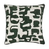 Caval Velvet Chenille Cushion in Ivy Green, square with contrast piping, featuring an abstract dark green jacquard pattern on an off-white ground, shown on a plain white background.