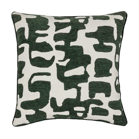 Caval Velvet Chenille Cushion in Ivy Green, square with contrast piping, featuring an abstract dark green jacquard pattern on an off-white ground, shown on a plain white background.
