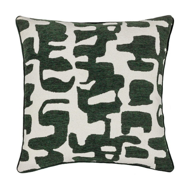 Caval Velvet Chenille Cushion in Ivy Green, square with contrast piping, featuring an abstract dark green jacquard pattern on an off-white ground, shown on a plain white background.