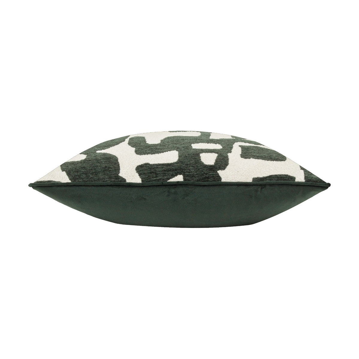 Side view of the Caval Velvet Chenille Cushion in ivy green, showing an abstract jacquard pattern on top and a plain green velvet reverse, on a white background.