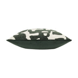 Side view of the Caval Velvet Chenille Cushion in ivy green, showing an abstract jacquard pattern on top and a plain green velvet reverse, on a white background.