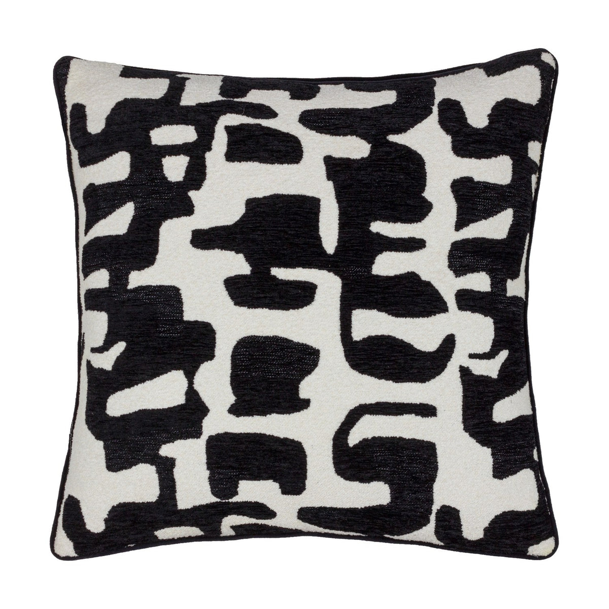 Caval Velvet Chenille Cushion in Mono, a 50 x 50cm square cushion with an abstract black jacquard pattern on an off-white ground, black piped edging, shown on a plain white background.