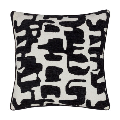 Caval Velvet Chenille Cushion in Mono, a 50 x 50cm square cushion with an abstract black jacquard pattern on an off-white ground, black piped edging, shown on a plain white background.