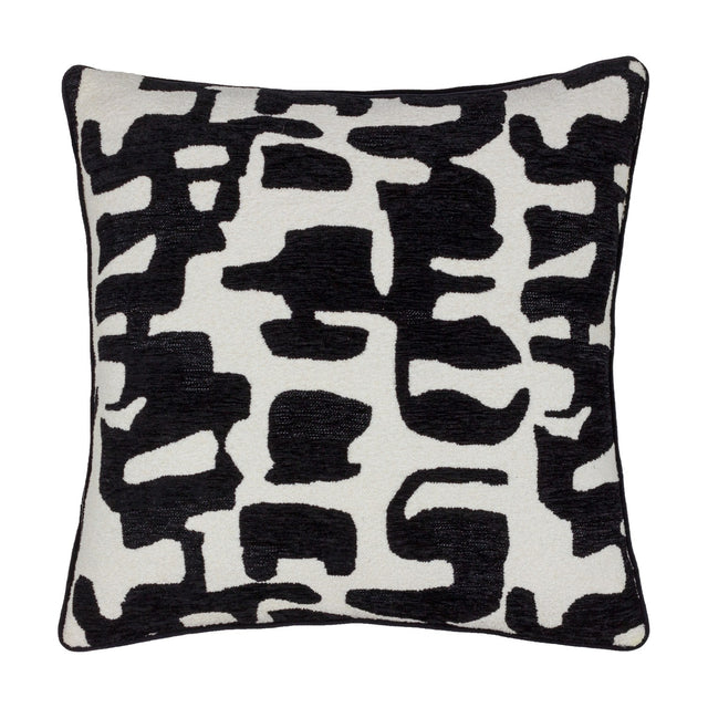 Caval Velvet Chenille Cushion in Mono, a 50 x 50cm square cushion with an abstract black jacquard pattern on an off-white ground, black piped edging, shown on a plain white background.