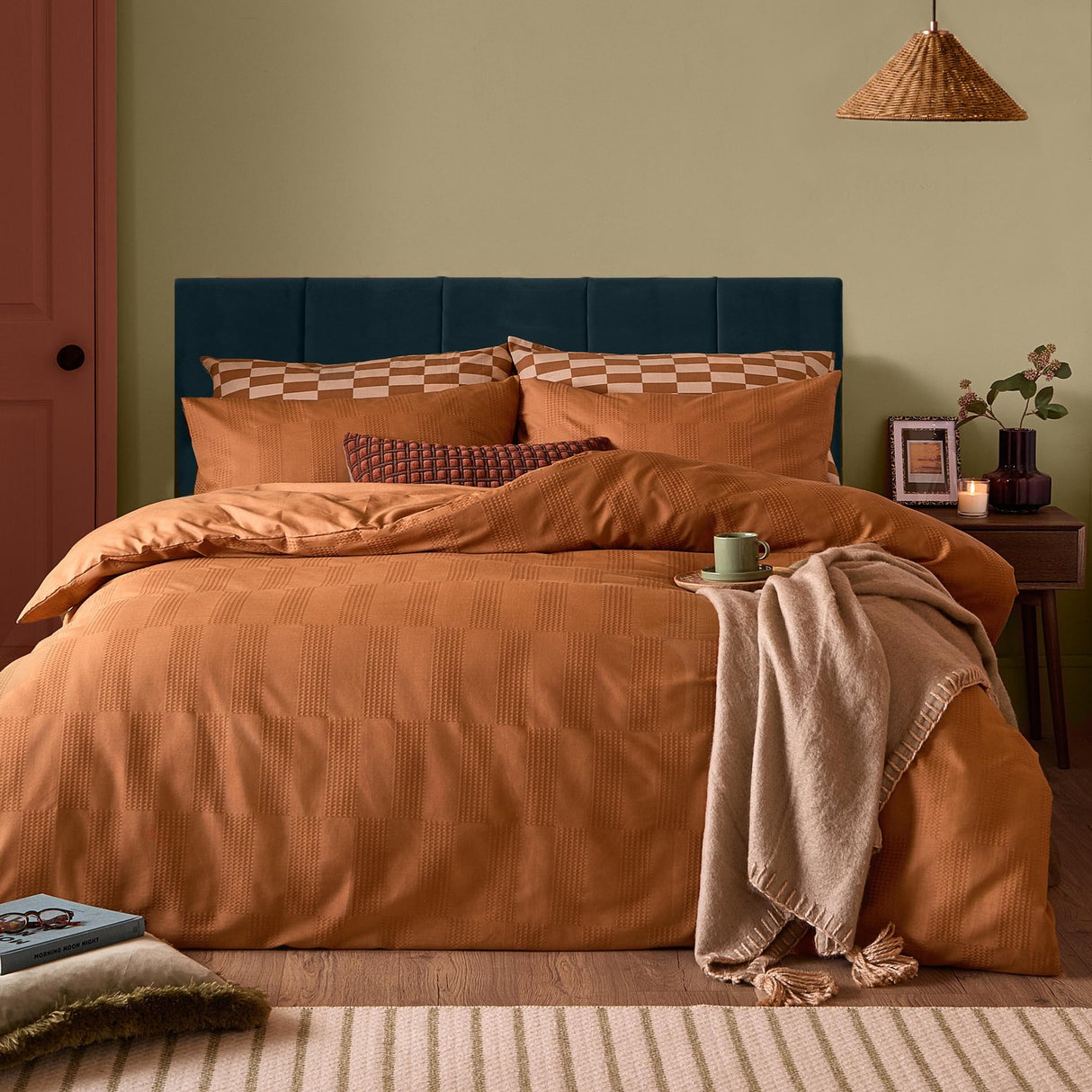 Club Checkerboard Plain Check Duvet Cover Set - Pumpkin