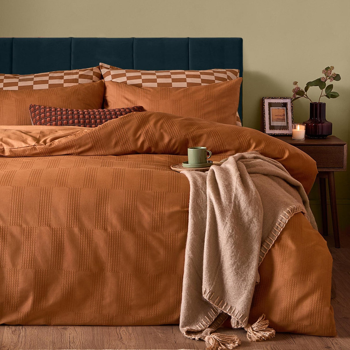Club Checkerboard Plain Check Duvet Cover Set - Pumpkin