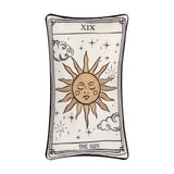Rectangular Celestial Stories linen cotton cushion in cream with black piping, embroidered tarot-style Sun card design featuring a sun face, rays, stars and clouds, on a white background.