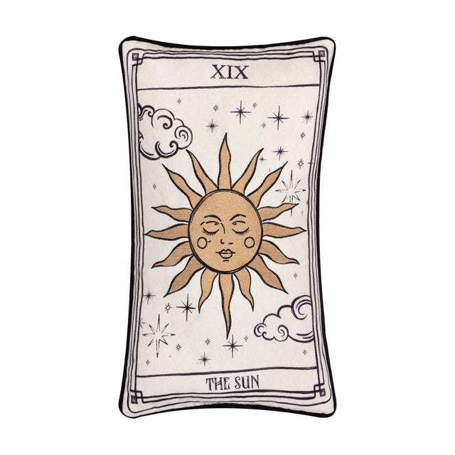 Rectangular Celestial Stories linen cotton cushion in cream with black piping, embroidered tarot-style Sun card design featuring a sun face, rays, stars and clouds, on a white background.