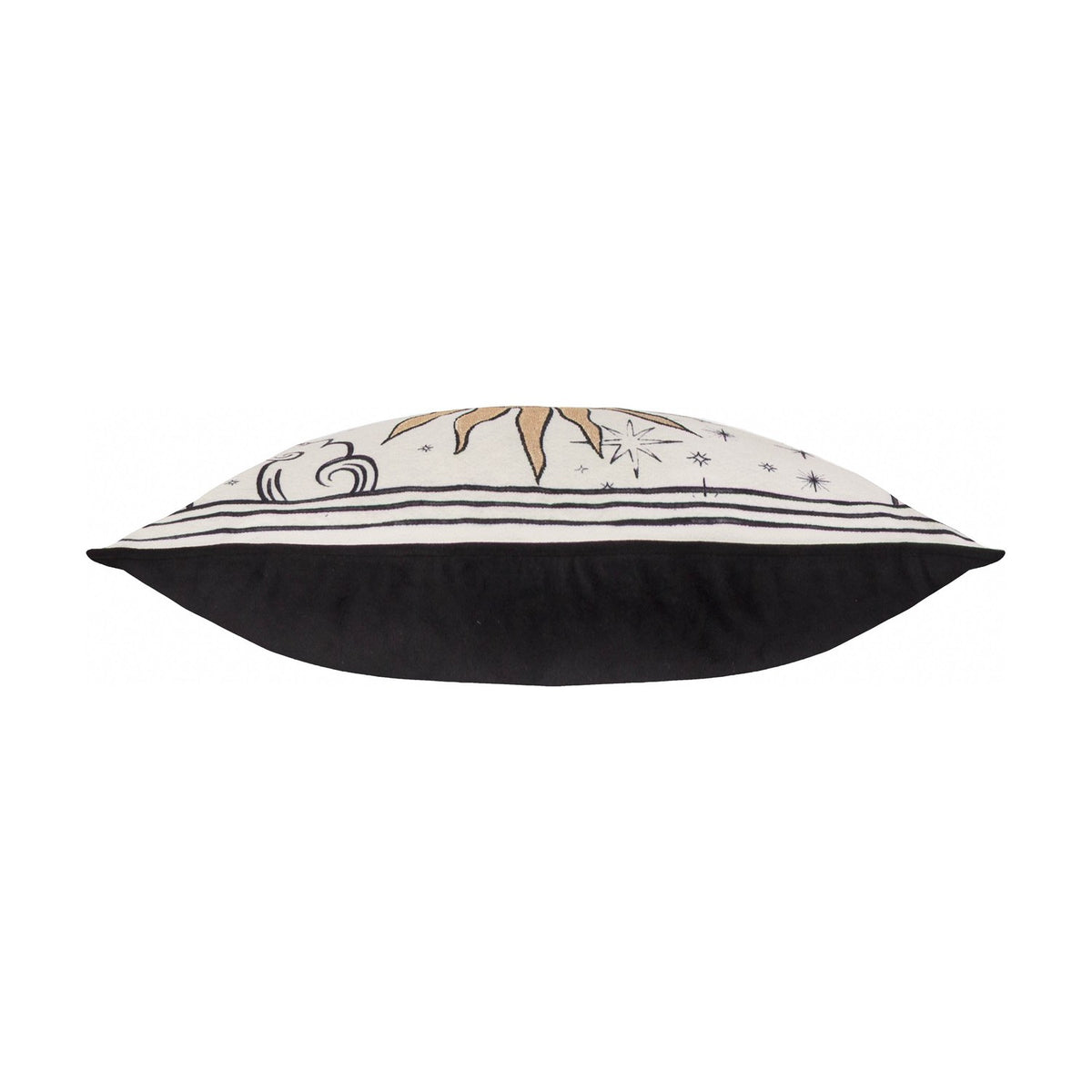Side view of the Celestial Stories linen cotton cushion, showing black velvet piping and embroidered sun, stars and cloud motifs on a cream face, set against a white background.